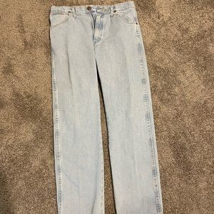Mens wrangler jeans; bleach wash; cowboy cut